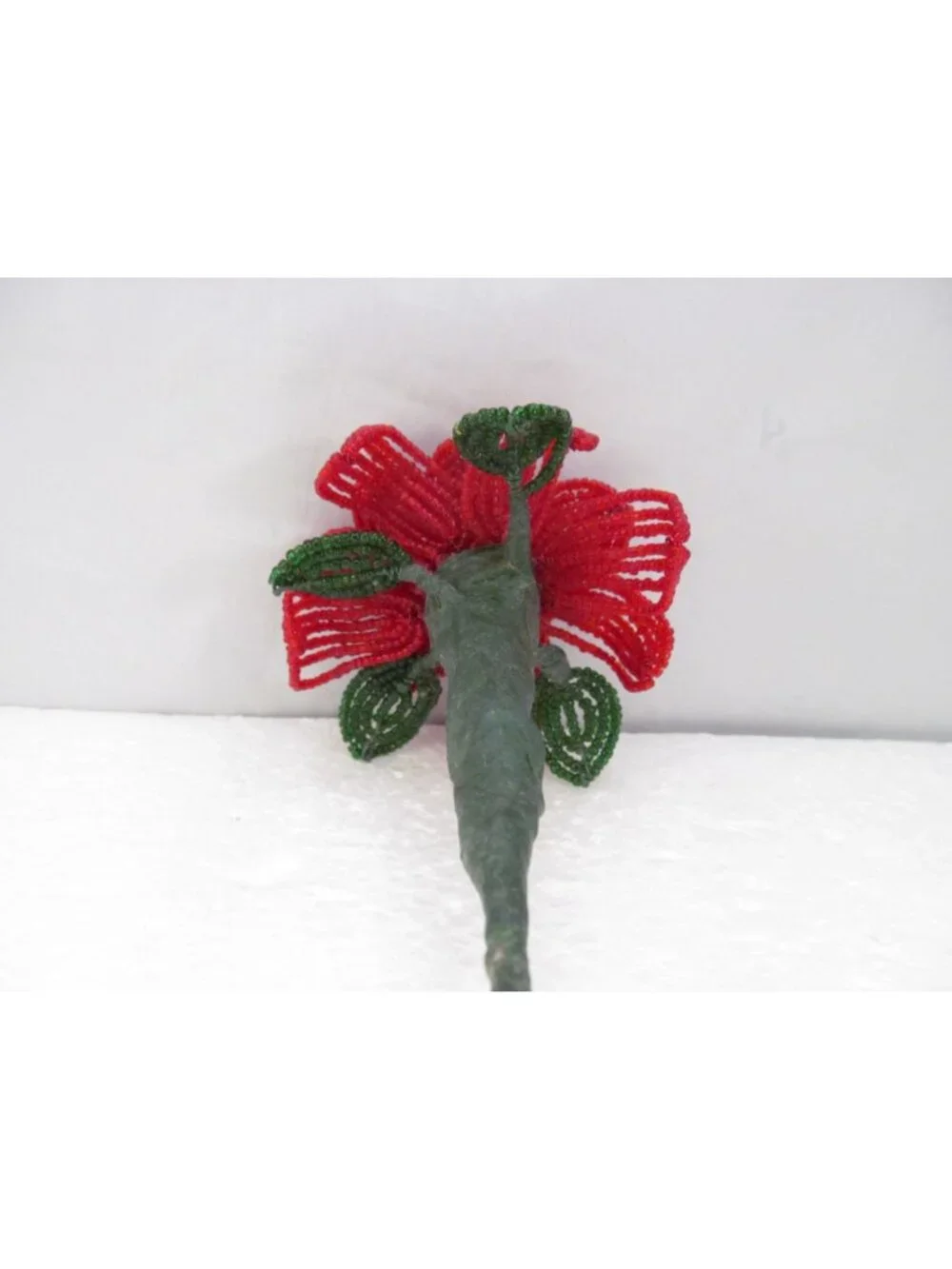 Handcrafted Red & Green French Beaded Flower with Stem Home Decor Gift 11 inch